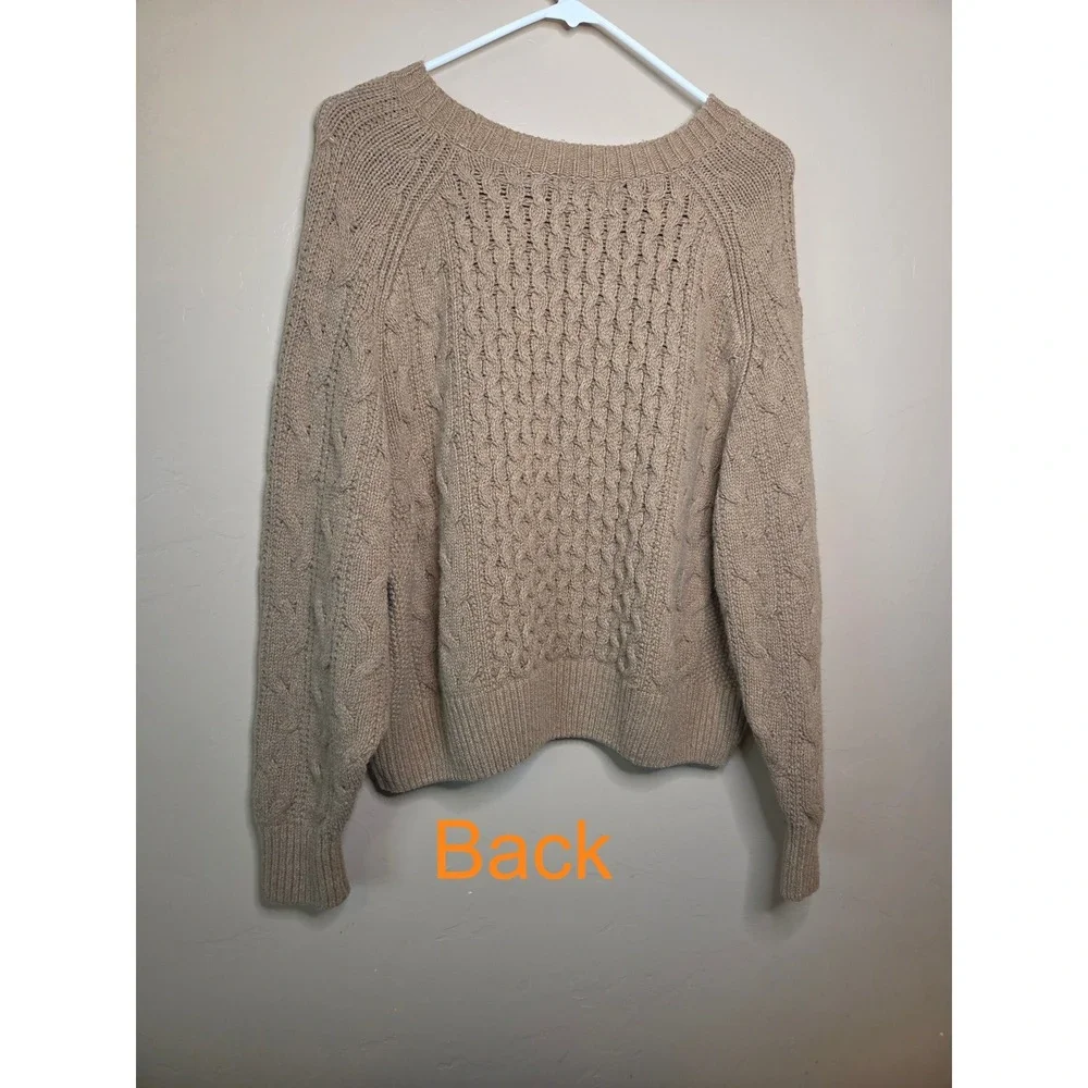 Women's Tan Cable Knit Raglan Sweater Cotton Wool Blend L
